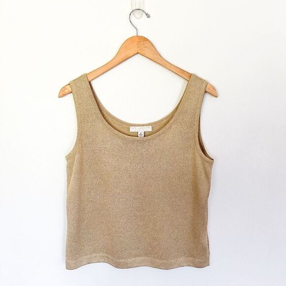 St. John Basics Vintage Women’s Gold Metallic Lightweight Santana Knit Scoop Nec - Picture 1 of 6